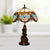 Beige/Blue Stained Glass Dome Table Light Tiffany Style 1 Bulb Bronze Nightstand Lamp with Angel Decoration Blue Clearhalo 'Lamps' 'Table Lamps' Lighting' 889435