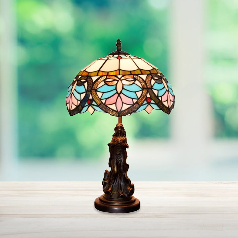 Beige/Blue Stained Glass Dome Table Light Tiffany Style 1 Bulb Bronze Nightstand Lamp with Angel Decoration Clearhalo 'Lamps' 'Table Lamps' Lighting' 889436