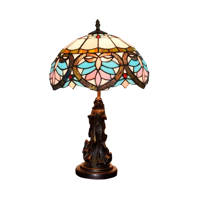 Beige/Blue Stained Glass Dome Table Light Tiffany Style 1 Bulb Bronze Nightstand Lamp with Angel Decoration Clearhalo 'Lamps' 'Table Lamps' Lighting' 889437