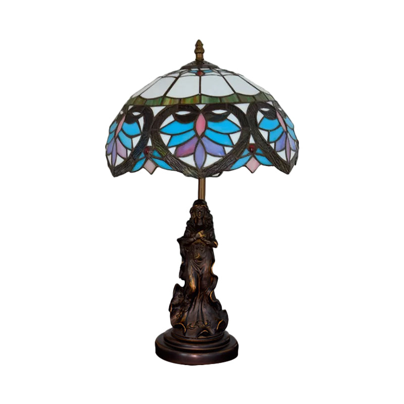 Beige/Blue Stained Glass Dome Table Light Tiffany Style 1 Bulb Bronze Nightstand Lamp with Angel Decoration Clearhalo 'Lamps' 'Table Lamps' Lighting' 889438