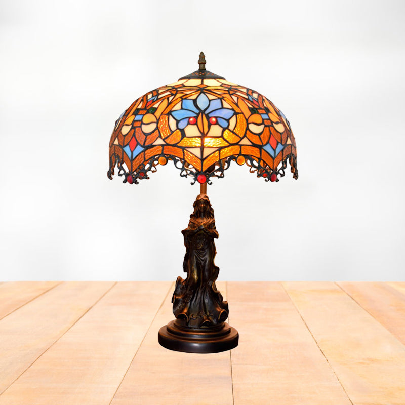 Scroll-Trim Scalloped Night Light Tiffany Stained Glass 1 Head Bronze Table Lighting with Parrot Pattern Bronze Clearhalo 'Lamps' 'Table Lamps' Lighting' 889439