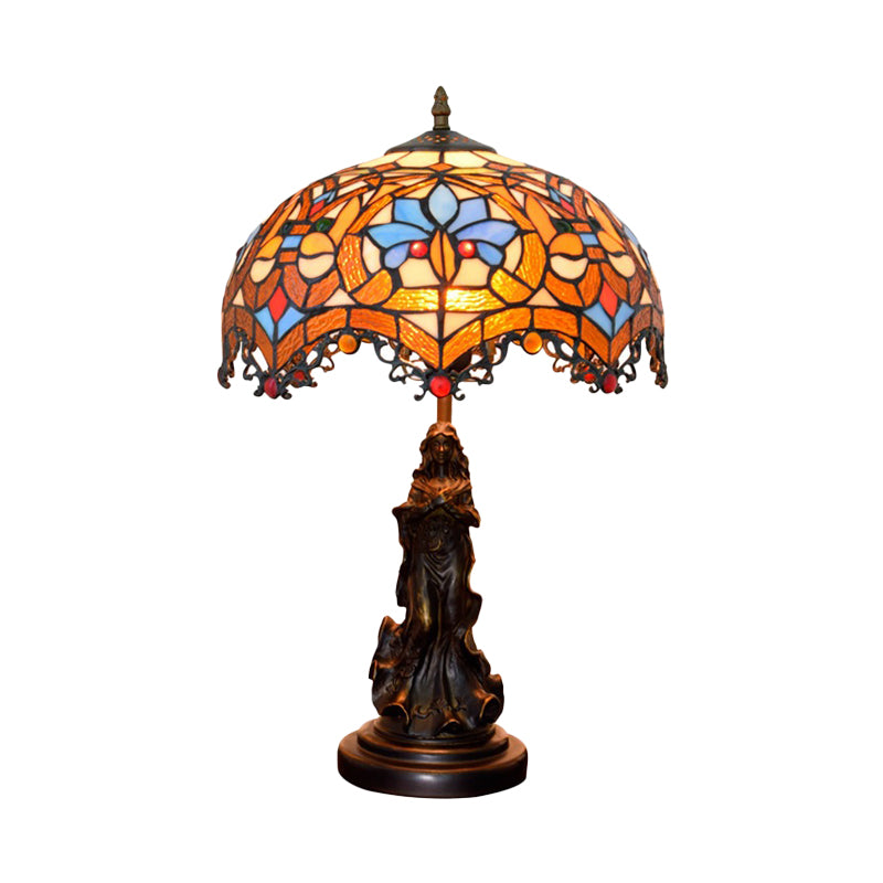 Scroll-Trim Scalloped Night Light Tiffany Stained Glass 1 Head Bronze Table Lighting with Parrot Pattern Clearhalo 'Lamps' 'Table Lamps' Lighting' 889440