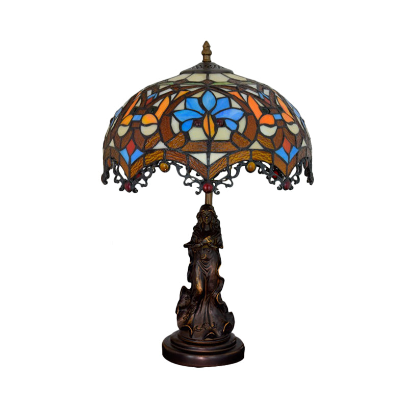 Scroll-Trim Scalloped Night Light Tiffany Stained Glass 1 Head Bronze Table Lighting with Parrot Pattern Clearhalo 'Lamps' 'Table Lamps' Lighting' 889441