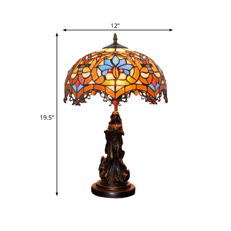 Scroll-Trim Scalloped Night Light Tiffany Stained Glass 1 Head Bronze Table Lighting with Parrot Pattern Clearhalo 'Lamps' 'Table Lamps' Lighting' 889442