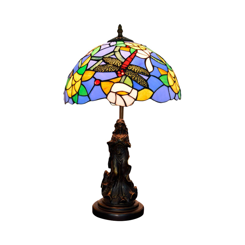 Mediterranean Dragonfly-Flower Table Lamp Single Blue/Yellow/Blue-White Night Stand Light with Angel Pedestal Clearhalo 'Lamps' 'Table Lamps' Lighting' 889444