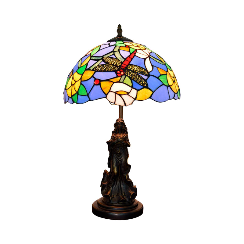 Mediterranean Dragonfly-Flower Table Lamp Single Blue/Yellow/Blue-White Night Stand Light with Angel Pedestal Clearhalo 'Lamps' 'Table Lamps' Lighting' 889444