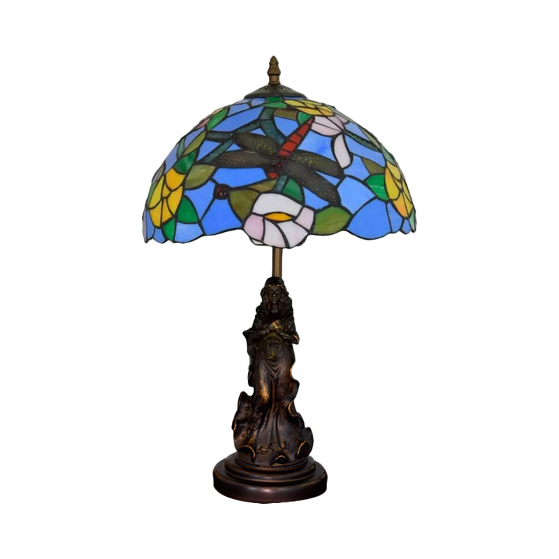 Mediterranean Dragonfly-Flower Table Lamp Single Blue/Yellow/Blue-White Night Stand Light with Angel Pedestal Clearhalo 'Lamps' 'Table Lamps' Lighting' 889445
