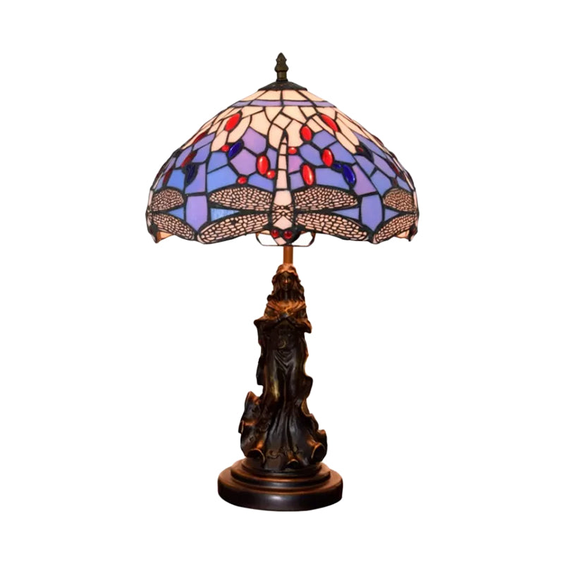 Mediterranean Dragonfly-Flower Table Lamp Single Blue/Yellow/Blue-White Night Stand Light with Angel Pedestal Clearhalo 'Lamps' 'Table Lamps' Lighting' 889449