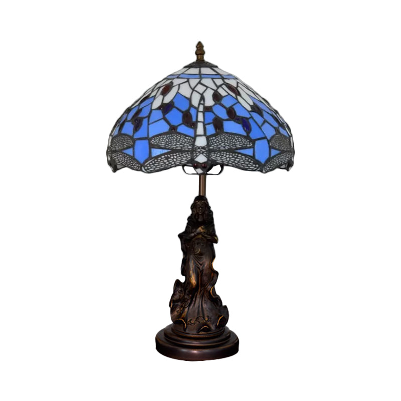 Mediterranean Dragonfly-Flower Table Lamp Single Blue/Yellow/Blue-White Night Stand Light with Angel Pedestal Clearhalo 'Lamps' 'Table Lamps' Lighting' 889450
