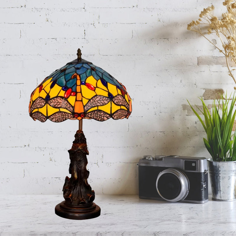 Mediterranean Dragonfly-Flower Table Lamp Single Blue/Yellow/Blue-White Night Stand Light with Angel Pedestal Clearhalo 'Lamps' 'Table Lamps' Lighting' 889452