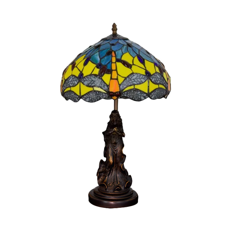 Mediterranean Dragonfly-Flower Table Lamp Single Blue/Yellow/Blue-White Night Stand Light with Angel Pedestal Clearhalo 'Lamps' 'Table Lamps' Lighting' 889454