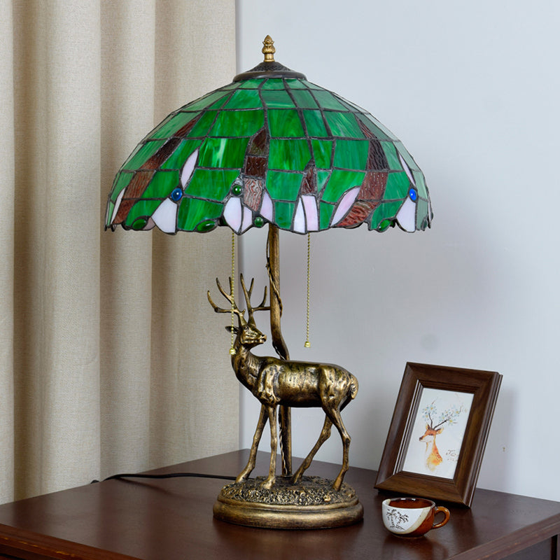 Bronze Deer Pull-Chain Night Lamp Vintage 2-Head Resin Table Light with Green Palm Leaf Glass Shade Bronze Clearhalo 'Lamps' 'Table Lamps' Lighting' 889455