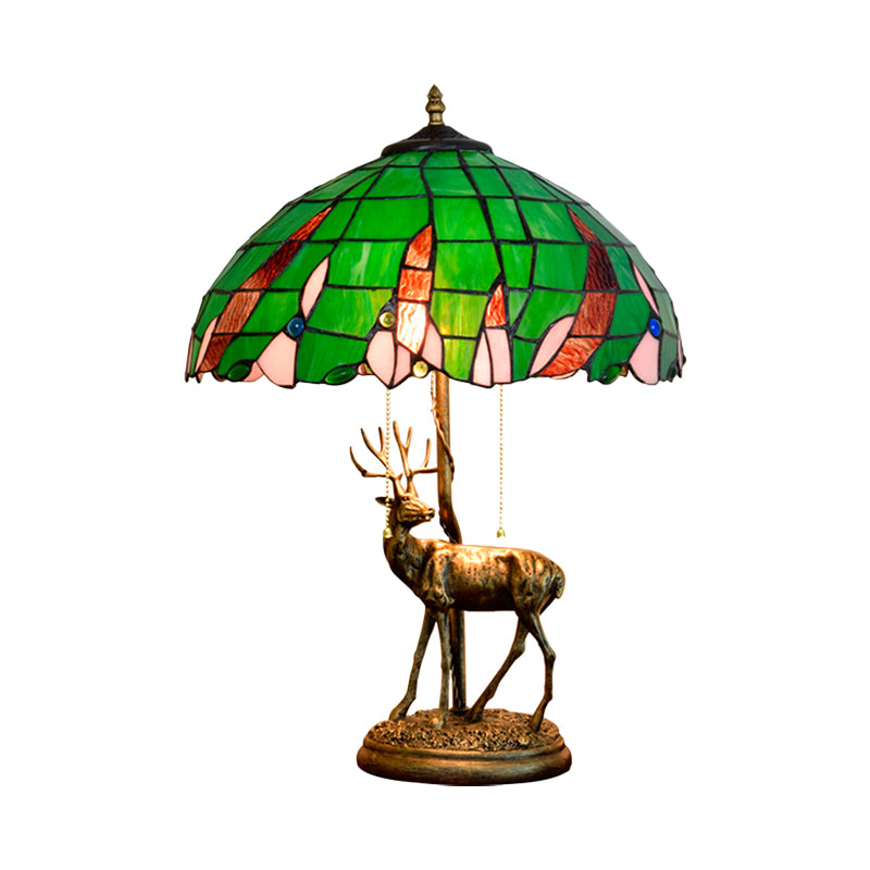 Bronze Deer Pull-Chain Night Lamp Vintage 2-Head Resin Table Light with Green Palm Leaf Glass Shade Clearhalo 'Lamps' 'Table Lamps' Lighting' 889456