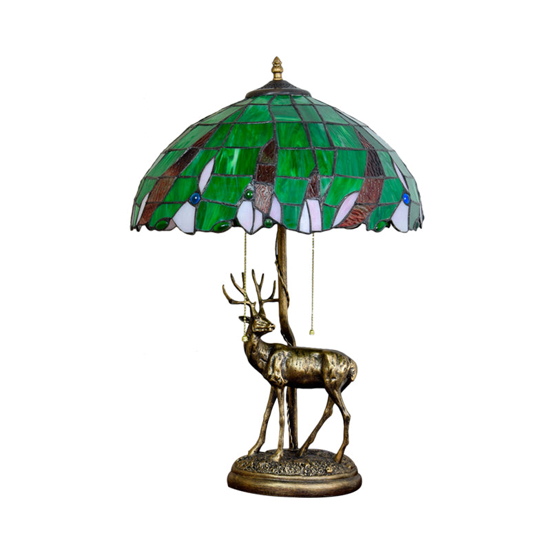Bronze Deer Pull-Chain Night Lamp Vintage 2-Head Resin Table Light with Green Palm Leaf Glass Shade Clearhalo 'Lamps' 'Table Lamps' Lighting' 889457