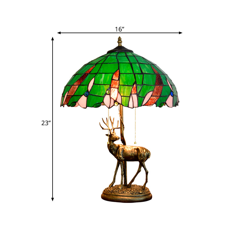 Bronze Deer Pull-Chain Night Lamp Vintage 2-Head Resin Table Light with Green Palm Leaf Glass Shade Clearhalo 'Lamps' 'Table Lamps' Lighting' 889458