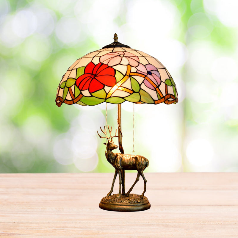 Red/Orange Glass Floral Nightstand Lamp Tiffany 2-Bulb Bronze Table Lighting with Sika Deer Statue and Pull Chain Red Clearhalo 'Lamps' 'Table Lamps' Lighting' 889459