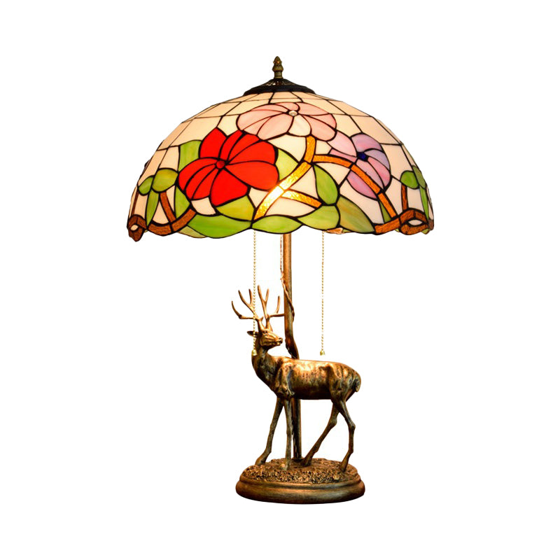 Red/Orange Glass Floral Nightstand Lamp Tiffany 2-Bulb Bronze Table Lighting with Sika Deer Statue and Pull Chain Clearhalo 'Lamps' 'Table Lamps' Lighting' 889460