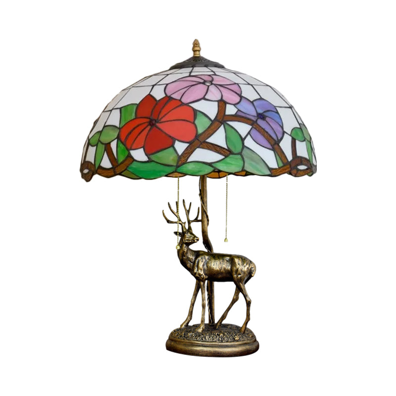 Red/Orange Glass Floral Nightstand Lamp Tiffany 2-Bulb Bronze Table Lighting with Sika Deer Statue and Pull Chain Clearhalo 'Lamps' 'Table Lamps' Lighting' 889461