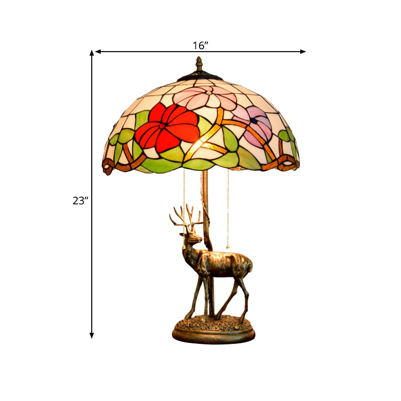 Red/Orange Glass Floral Nightstand Lamp Tiffany 2-Bulb Bronze Table Lighting with Sika Deer Statue and Pull Chain Clearhalo 'Lamps' 'Table Lamps' Lighting' 889462