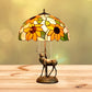 Red/Orange Glass Floral Nightstand Lamp Tiffany 2-Bulb Bronze Table Lighting with Sika Deer Statue and Pull Chain Orange Clearhalo 'Lamps' 'Table Lamps' Lighting' 889463