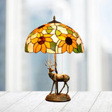 Red/Orange Glass Floral Nightstand Lamp Tiffany 2-Bulb Bronze Table Lighting with Sika Deer Statue and Pull Chain Clearhalo 'Lamps' 'Table Lamps' Lighting' 889464