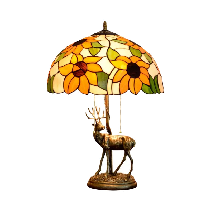 Red/Orange Glass Floral Nightstand Lamp Tiffany 2-Bulb Bronze Table Lighting with Sika Deer Statue and Pull Chain Clearhalo 'Lamps' 'Table Lamps' Lighting' 889465