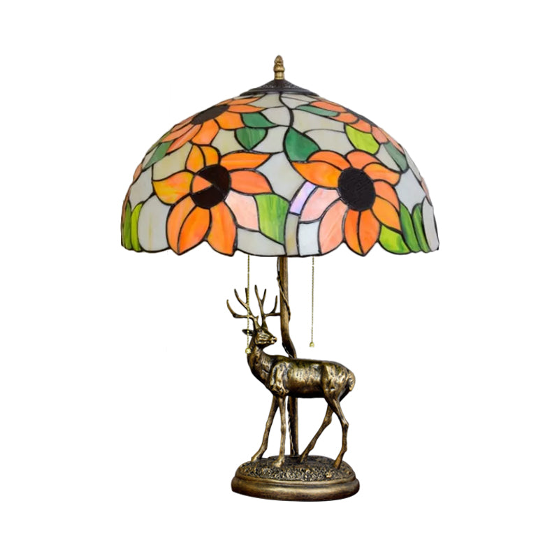 Red/Orange Glass Floral Nightstand Lamp Tiffany 2-Bulb Bronze Table Lighting with Sika Deer Statue and Pull Chain Clearhalo 'Lamps' 'Table Lamps' Lighting' 889466