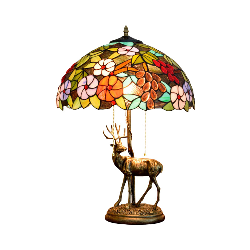 2-Bulb Pull Chain Nightstand Lamp Tiffany Grapes and Morning Glory/Leaf Green/Brown Glass Table Light with Resin Deer Base Clearhalo 'Lamps' 'Table Lamps' Lighting' 889472