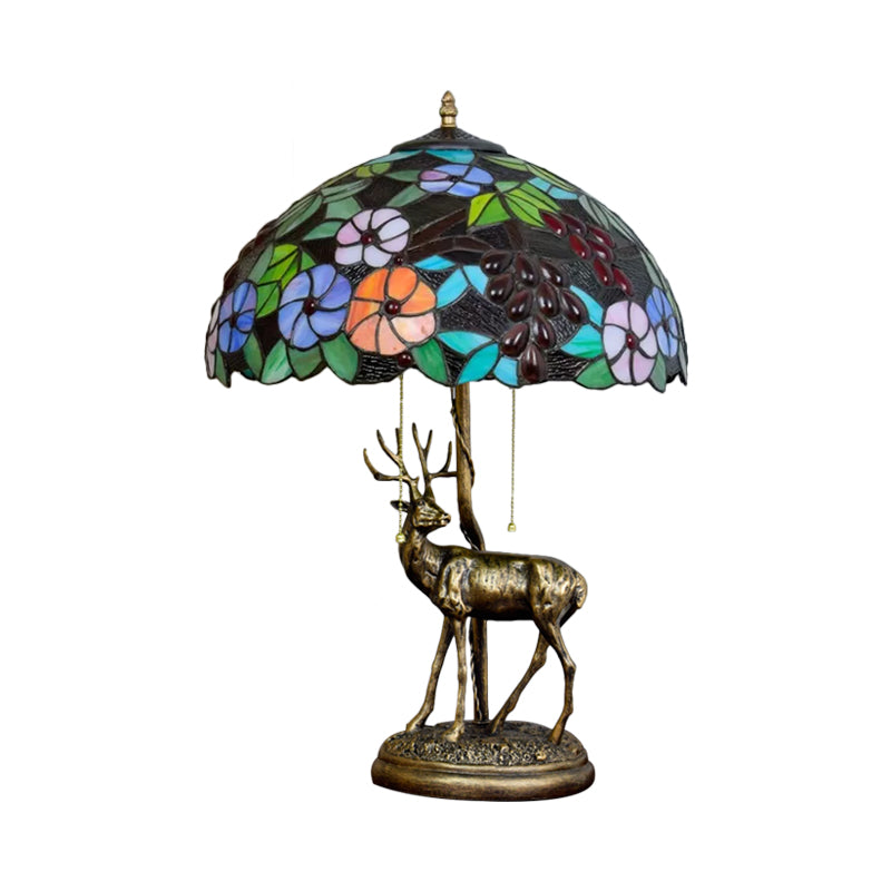 2-Bulb Pull Chain Nightstand Lamp Tiffany Grapes and Morning Glory/Leaf Green/Brown Glass Table Light with Resin Deer Base Clearhalo 'Lamps' 'Table Lamps' Lighting' 889473