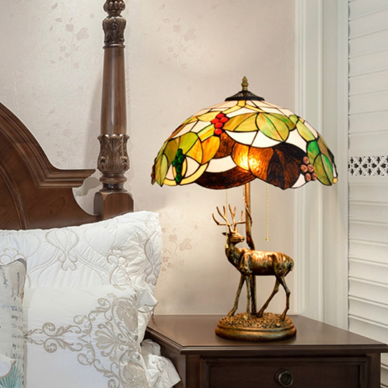 2-Bulb Pull Chain Nightstand Lamp Tiffany Grapes and Morning Glory/Leaf Green/Brown Glass Table Light with Resin Deer Base Clearhalo 'Lamps' 'Table Lamps' Lighting' 889476