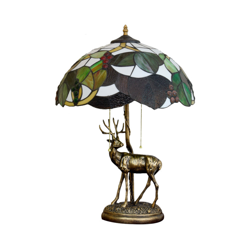 2-Bulb Pull Chain Nightstand Lamp Tiffany Grapes and Morning Glory/Leaf Green/Brown Glass Table Light with Resin Deer Base Clearhalo 'Lamps' 'Table Lamps' Lighting' 889478