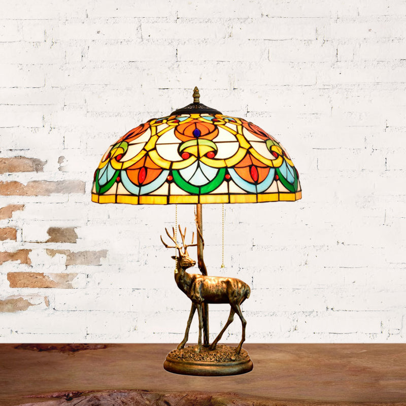 Cut Glass Yellow/Orange Night Light Hand-Worked Peach/Geometric 2-Light Tiffany Table Lamp with Elk Statue and Pull Chain Switch Yellow Clearhalo 'Lamps' 'Table Lamps' Lighting' 889479