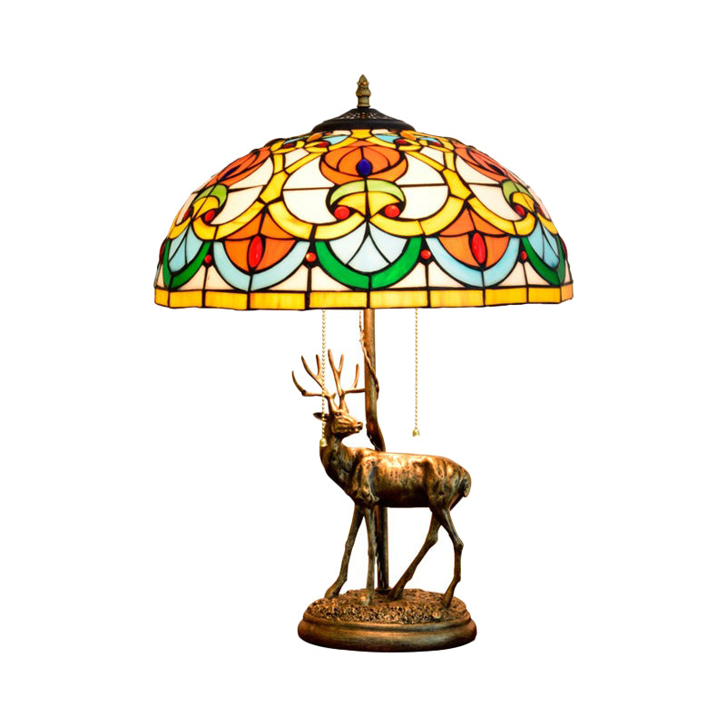 Cut Glass Yellow/Orange Night Light Hand-Worked Peach/Geometric 2-Light Tiffany Table Lamp with Elk Statue and Pull Chain Switch Clearhalo 'Lamps' 'Table Lamps' Lighting' 889480