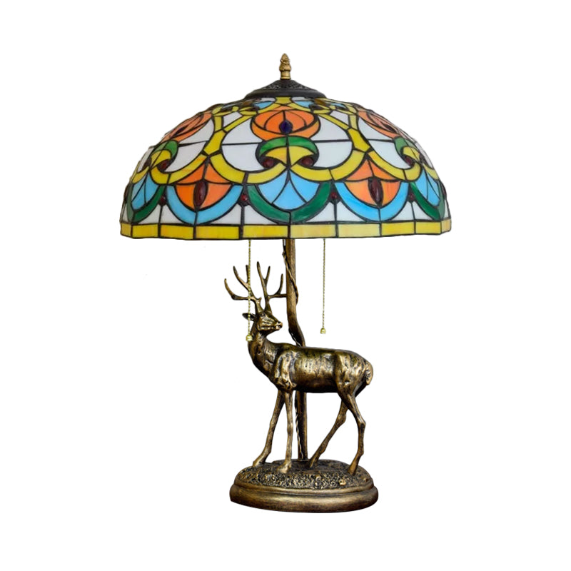 Cut Glass Yellow/Orange Night Light Hand-Worked Peach/Geometric 2-Light Tiffany Table Lamp with Elk Statue and Pull Chain Switch Clearhalo 'Lamps' 'Table Lamps' Lighting' 889481