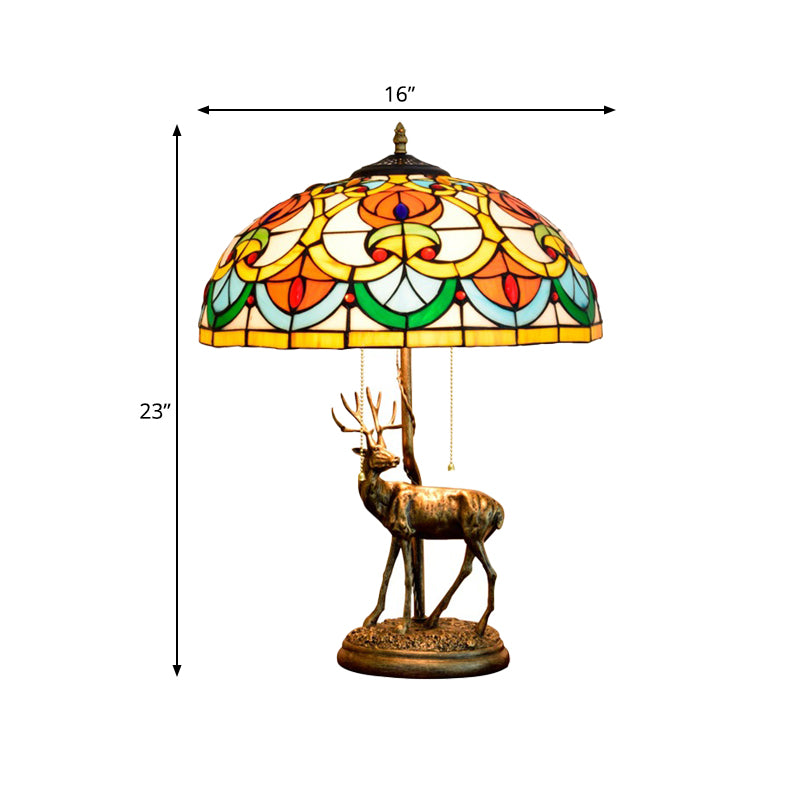 Cut Glass Yellow/Orange Night Light Hand-Worked Peach/Geometric 2-Light Tiffany Table Lamp with Elk Statue and Pull Chain Switch Clearhalo 'Lamps' 'Table Lamps' Lighting' 889482