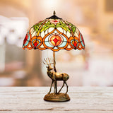 Cut Glass Yellow/Orange Night Light Hand-Worked Peach/Geometric 2-Light Tiffany Table Lamp with Elk Statue and Pull Chain Switch Orange Clearhalo 'Lamps' 'Table Lamps' Lighting' 889483