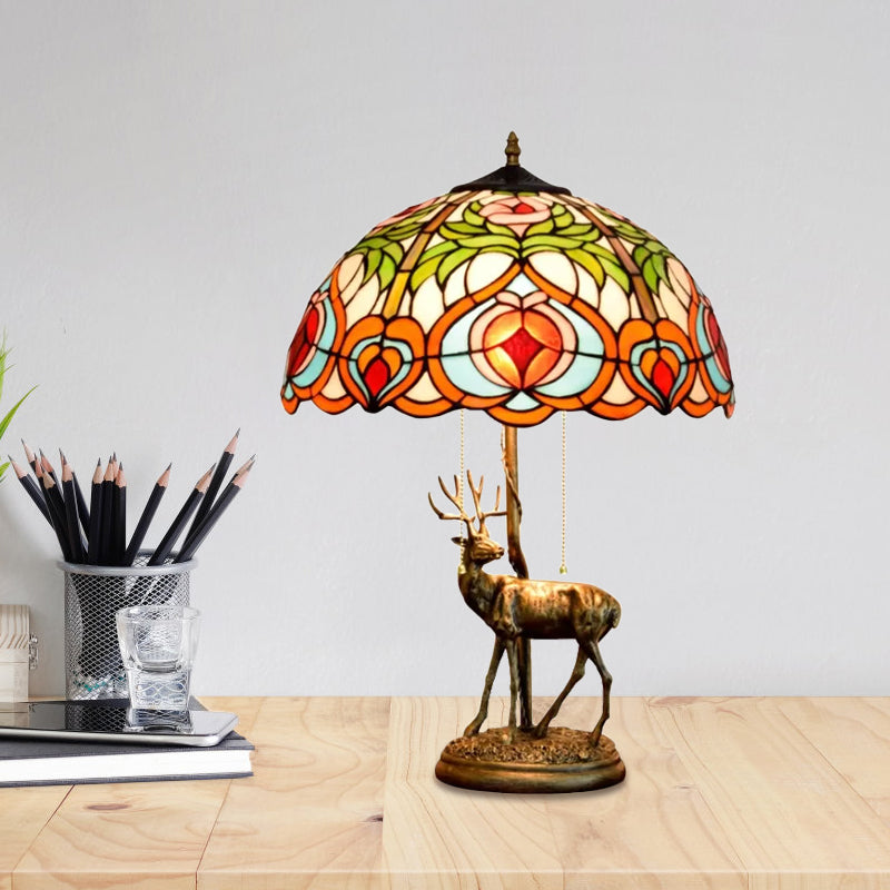 Cut Glass Yellow/Orange Night Light Hand-Worked Peach/Geometric 2-Light Tiffany Table Lamp with Elk Statue and Pull Chain Switch Clearhalo 'Lamps' 'Table Lamps' Lighting' 889484
