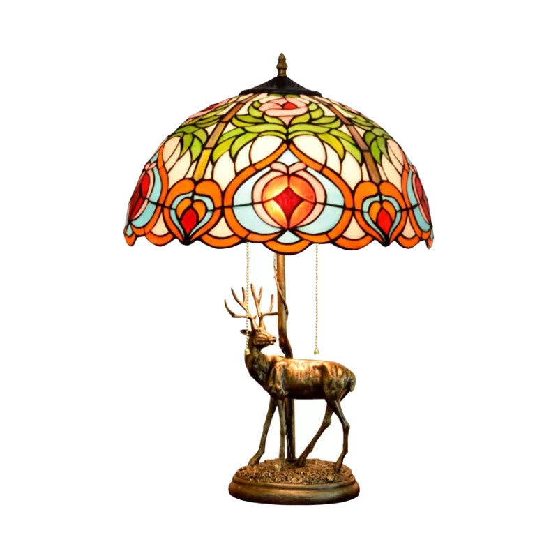 Cut Glass Yellow/Orange Night Light Hand-Worked Peach/Geometric 2-Light Tiffany Table Lamp with Elk Statue and Pull Chain Switch Clearhalo 'Lamps' 'Table Lamps' Lighting' 889485