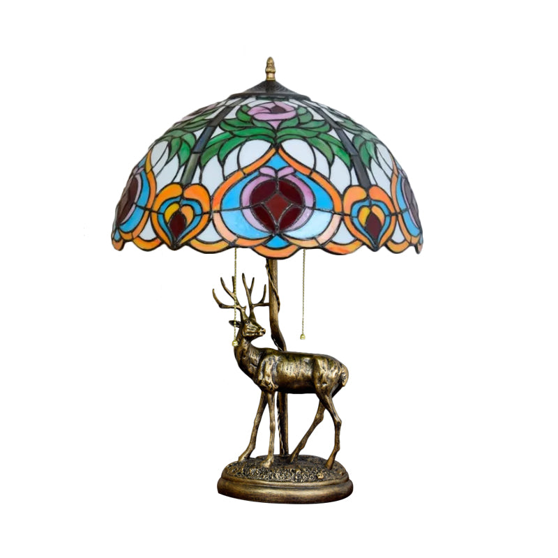 Cut Glass Yellow/Orange Night Light Hand-Worked Peach/Geometric 2-Light Tiffany Table Lamp with Elk Statue and Pull Chain Switch Clearhalo 'Lamps' 'Table Lamps' Lighting' 889486