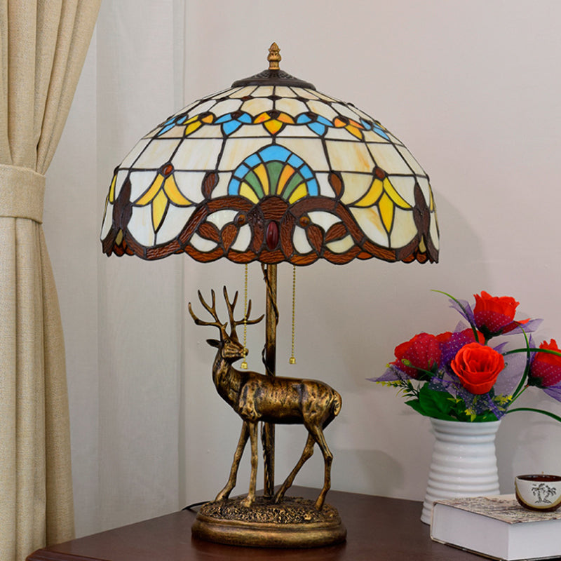 2-Light Parrot Pull Chain Table Lighting Tiffany Beige/Blue-White Stained Glass Night Stand Lamp with Deer Decoration Beige Clearhalo 'Lamps' 'Table Lamps' Lighting' 889487