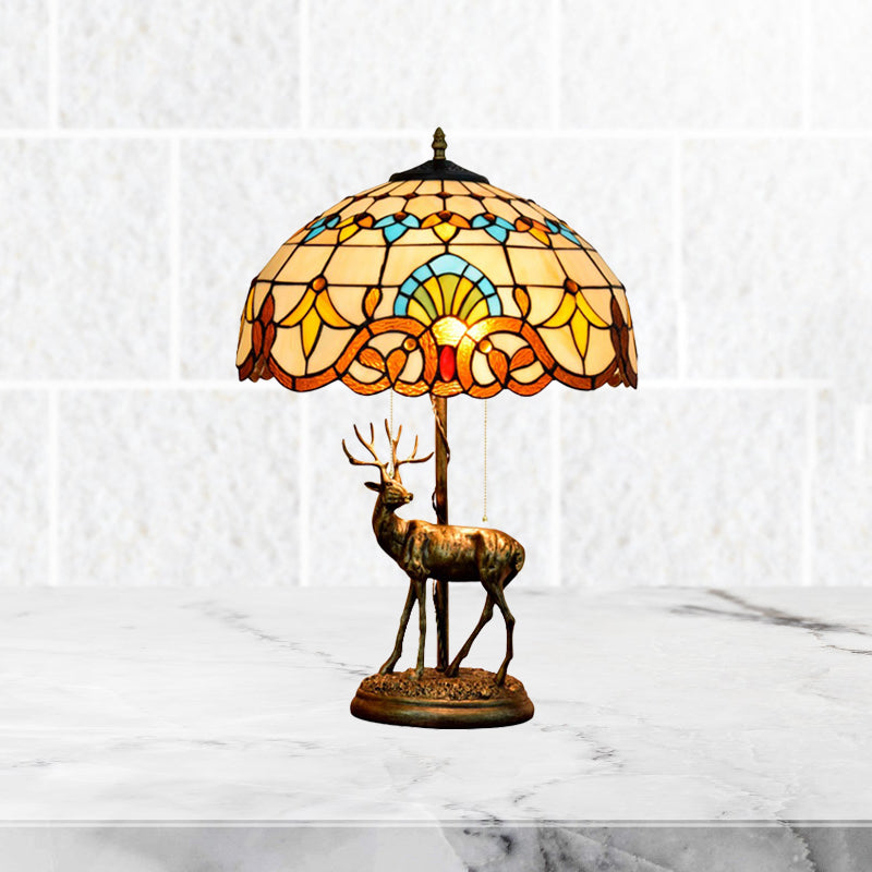 2-Light Parrot Pull Chain Table Lighting Tiffany Beige/Blue-White Stained Glass Night Stand Lamp with Deer Decoration Clearhalo 'Lamps' 'Table Lamps' Lighting' 889488