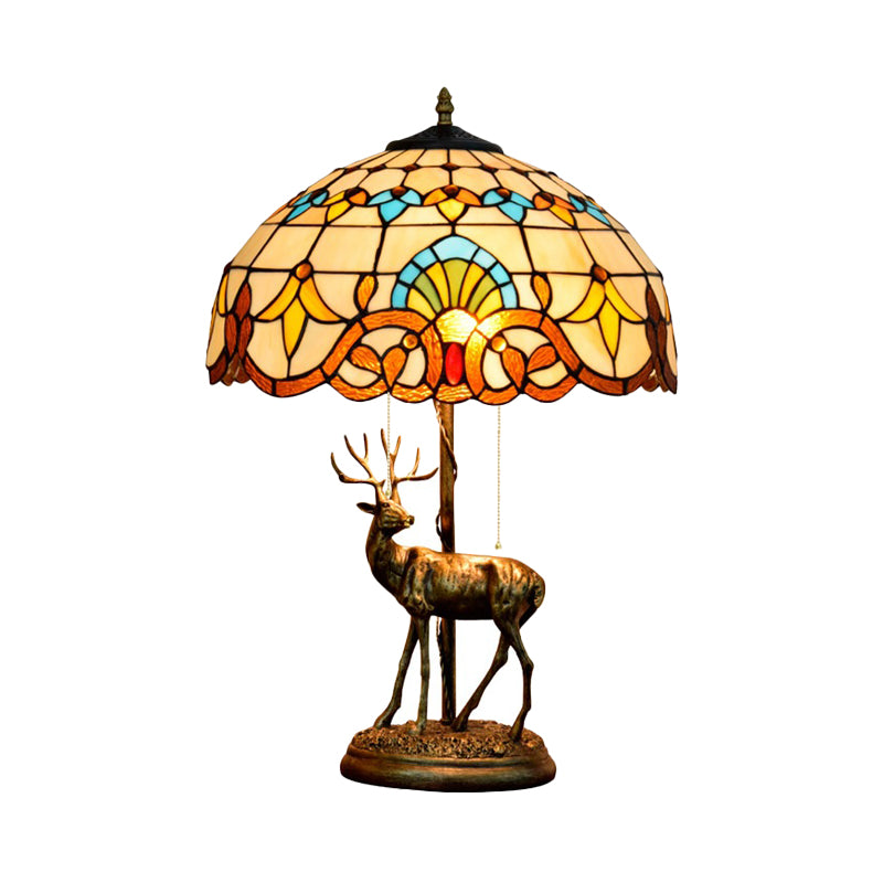 2-Light Parrot Pull Chain Table Lighting Tiffany Beige/Blue-White Stained Glass Night Stand Lamp with Deer Decoration Clearhalo 'Lamps' 'Table Lamps' Lighting' 889489