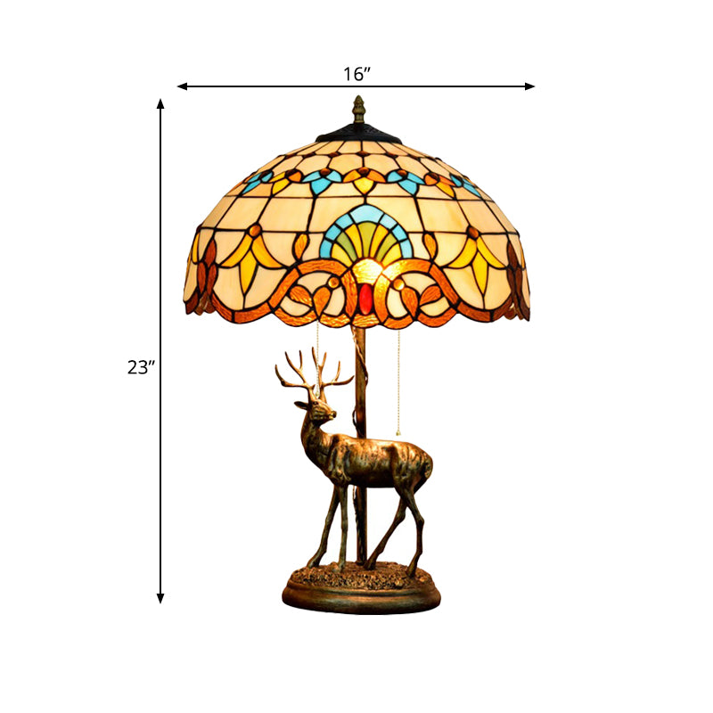 2-Light Parrot Pull Chain Table Lighting Tiffany Beige/Blue-White Stained Glass Night Stand Lamp with Deer Decoration Clearhalo 'Lamps' 'Table Lamps' Lighting' 889490