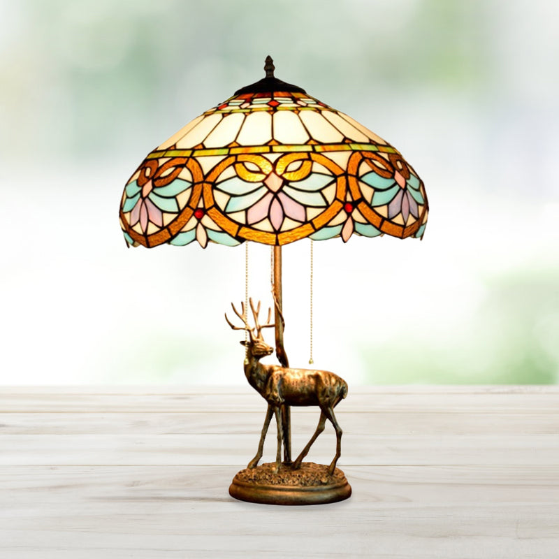2-Light Parrot Pull Chain Table Lighting Tiffany Beige/Blue-White Stained Glass Night Stand Lamp with Deer Decoration Blue-White Clearhalo 'Lamps' 'Table Lamps' Lighting' 889491