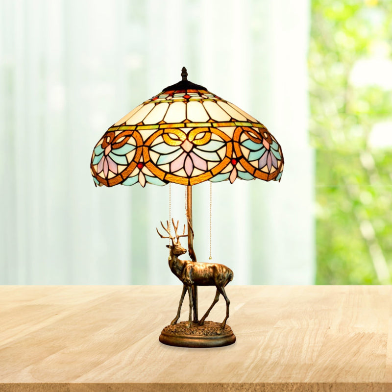 2-Light Parrot Pull Chain Table Lighting Tiffany Beige/Blue-White Stained Glass Night Stand Lamp with Deer Decoration Clearhalo 'Lamps' 'Table Lamps' Lighting' 889492