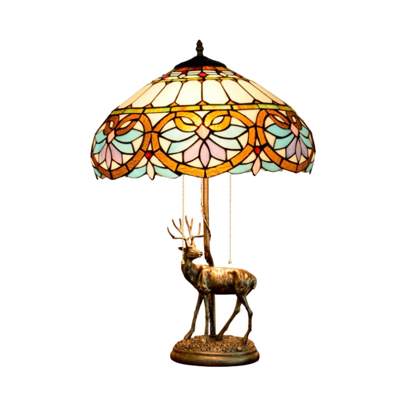 2-Light Parrot Pull Chain Table Lighting Tiffany Beige/Blue-White Stained Glass Night Stand Lamp with Deer Decoration Clearhalo 'Lamps' 'Table Lamps' Lighting' 889493