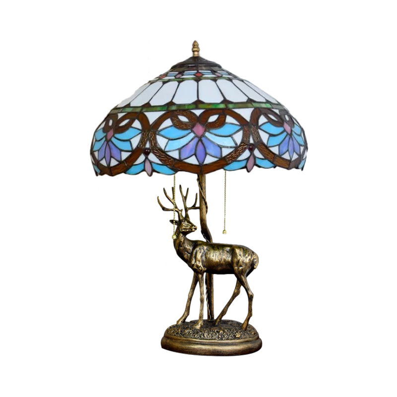 2-Light Parrot Pull Chain Table Lighting Tiffany Beige/Blue-White Stained Glass Night Stand Lamp with Deer Decoration Clearhalo 'Lamps' 'Table Lamps' Lighting' 889494