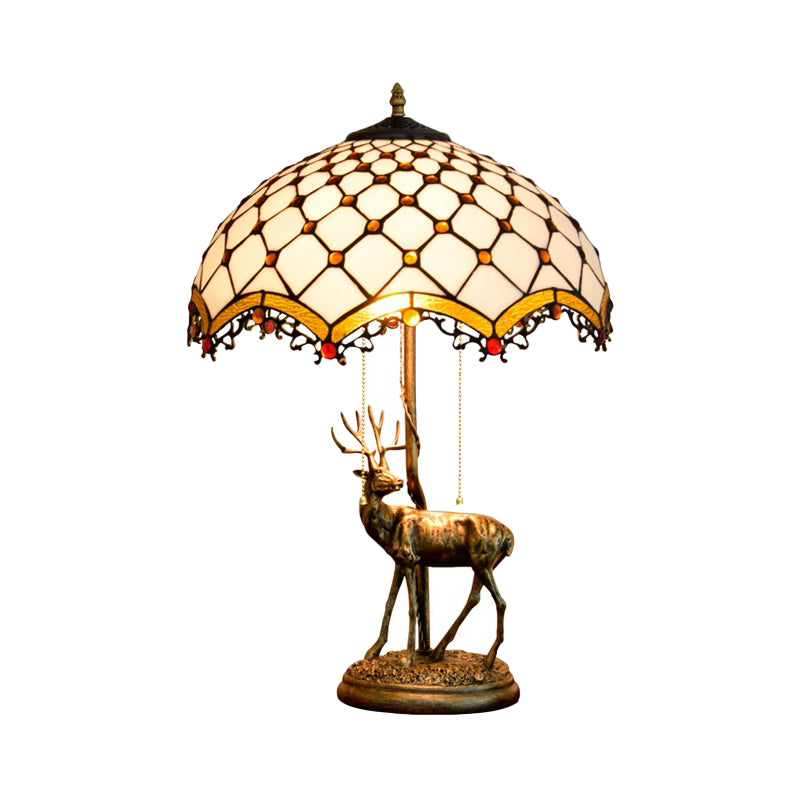 Wave-Edge Crisscross Shade Table Light 2-Head Yellow-White/Blue-Brown Tiffany Pull-Chain Night Lamp with Deer Base Clearhalo 'Lamps' 'Table Lamps' Lighting' 889496