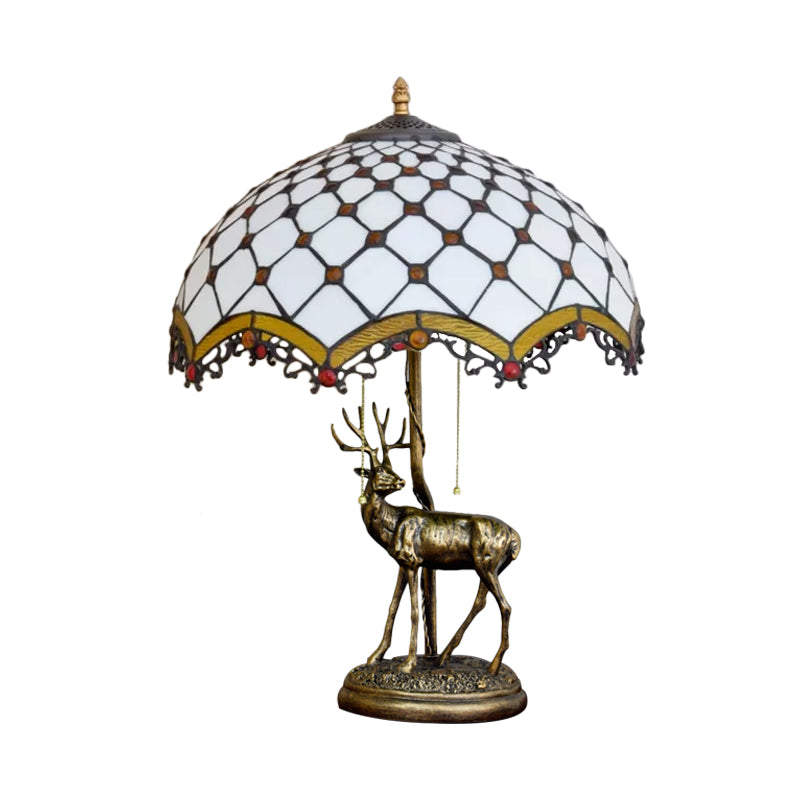 Wave-Edge Crisscross Shade Table Light 2-Head Yellow-White/Blue-Brown Tiffany Pull-Chain Night Lamp with Deer Base Clearhalo 'Lamps' 'Table Lamps' Lighting' 889497