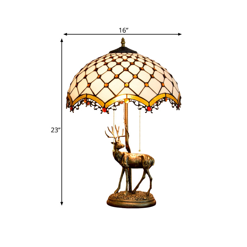 Wave-Edge Crisscross Shade Table Light 2-Head Yellow-White/Blue-Brown Tiffany Pull-Chain Night Lamp with Deer Base Clearhalo 'Lamps' 'Table Lamps' Lighting' 889498